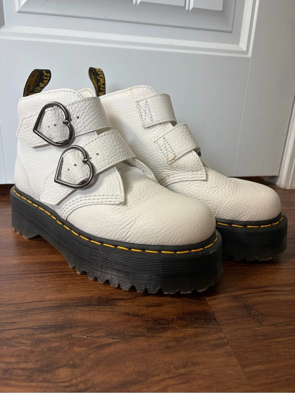 Dr Martens White Platform Heart-Buckle Women's Boots